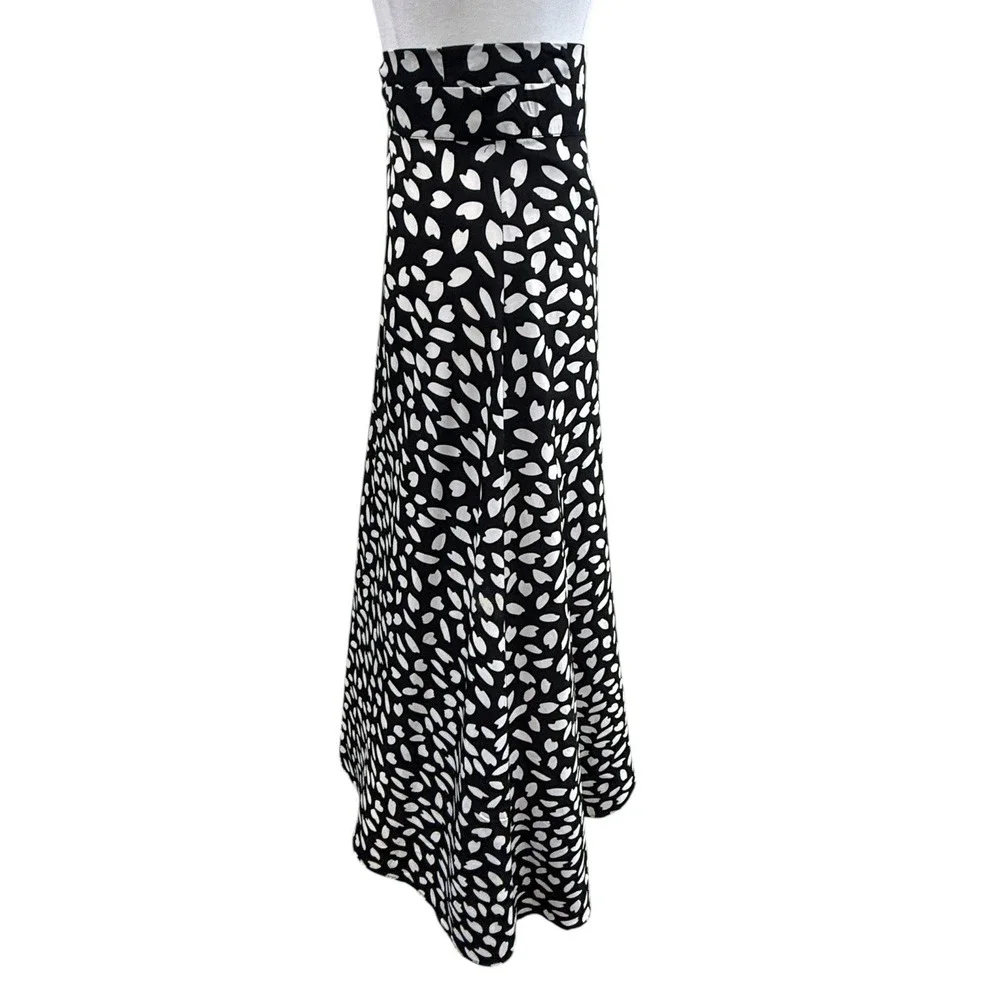 Women Black White Abstract Petal Print True Wrap Maxi Skirt Asymmetrical Medium